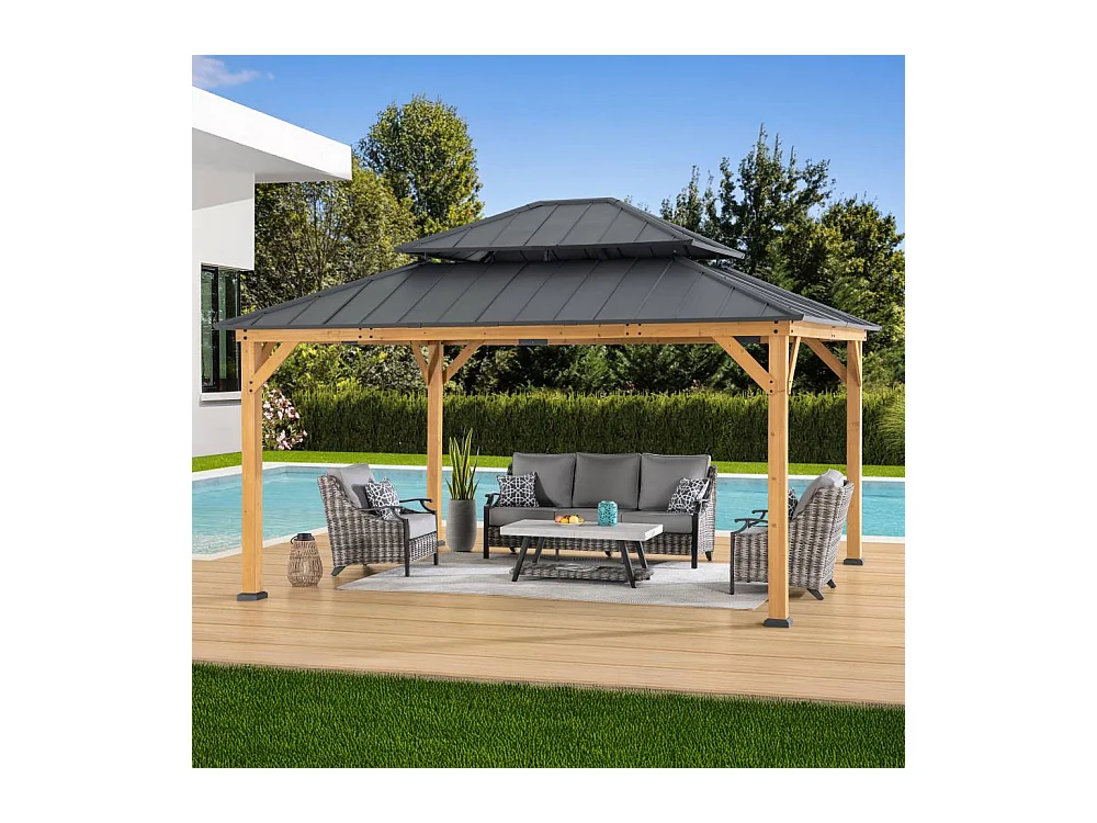 Tonnelle d'extérieur en bois avec toit métallique à 2 niveaux et crochet de plafond RIMO 390 cm x 450 cm