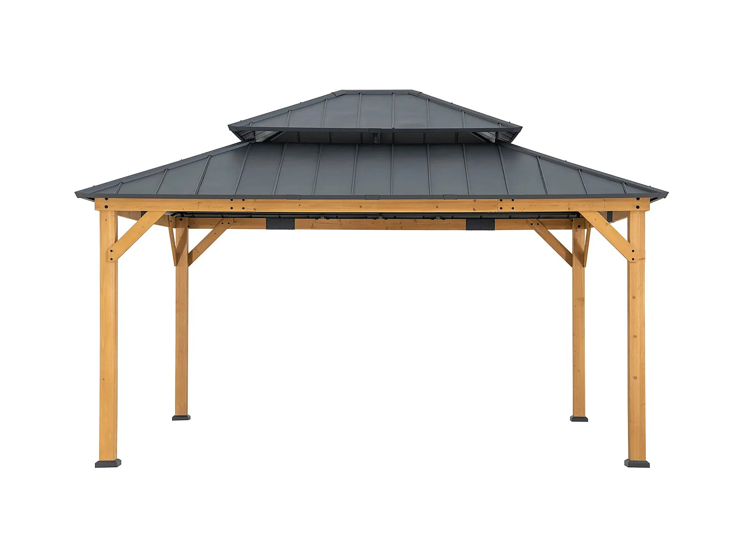 Tonnelle d'extérieur en bois avec toit métallique à 2 niveaux et crochet de plafond RIMO 390 cm x 450 cm