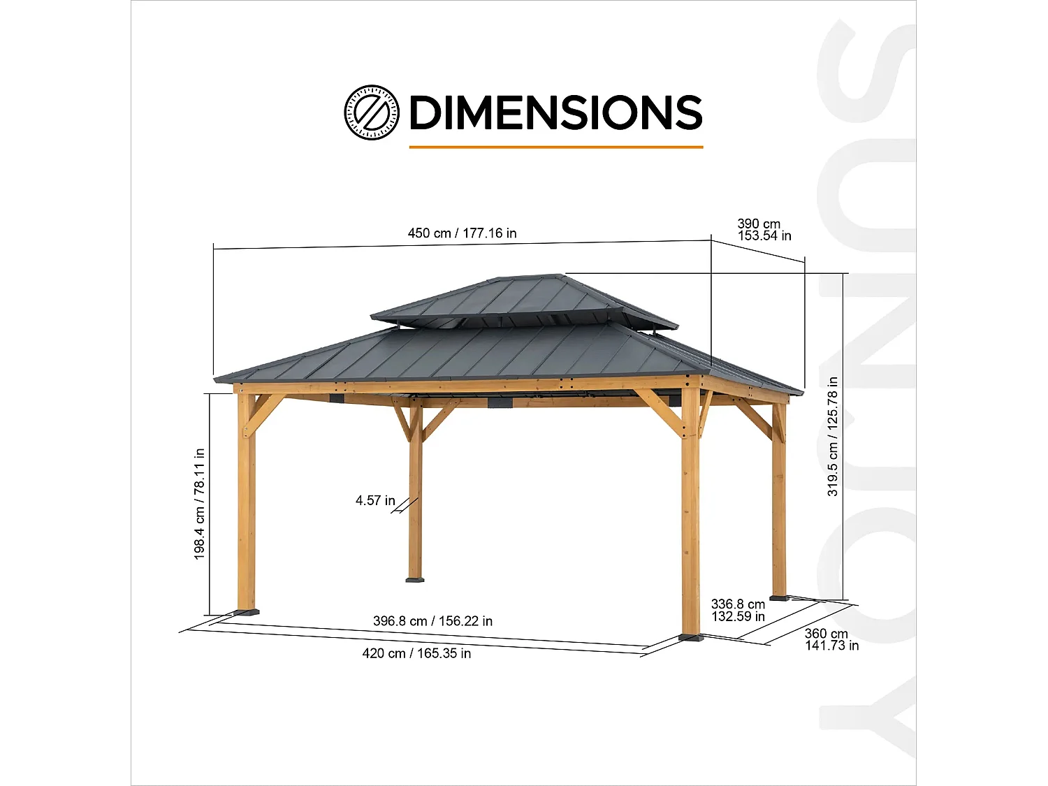 Tonnelle d'extérieur en bois avec toit métallique à 2 niveaux et crochet de plafond RIMO 390 cm x 450 cm