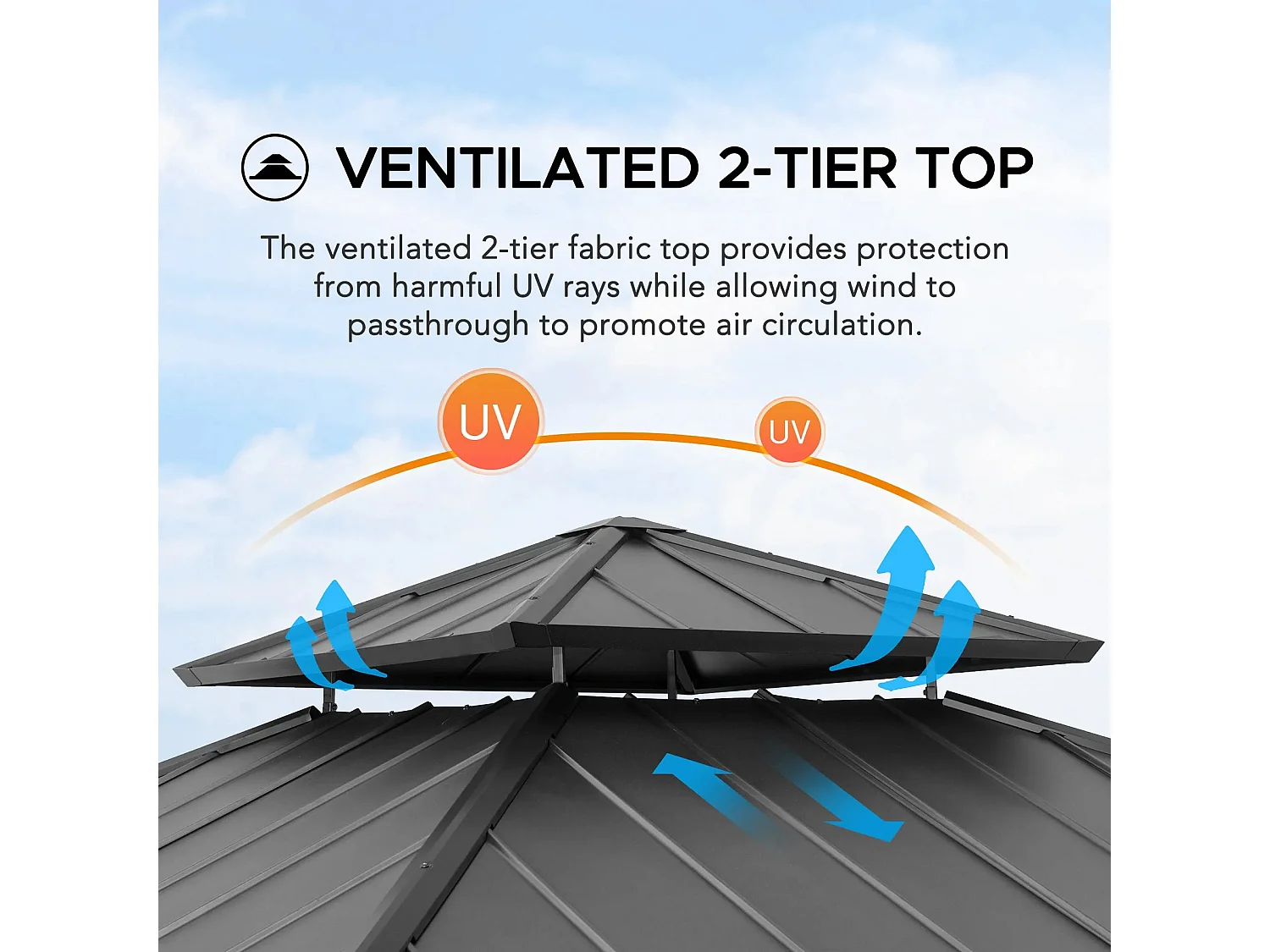 Tonnelle d'extérieur en bois avec toit métallique à 2 niveaux et crochet de plafond RIMO 390 cm x 450 cm