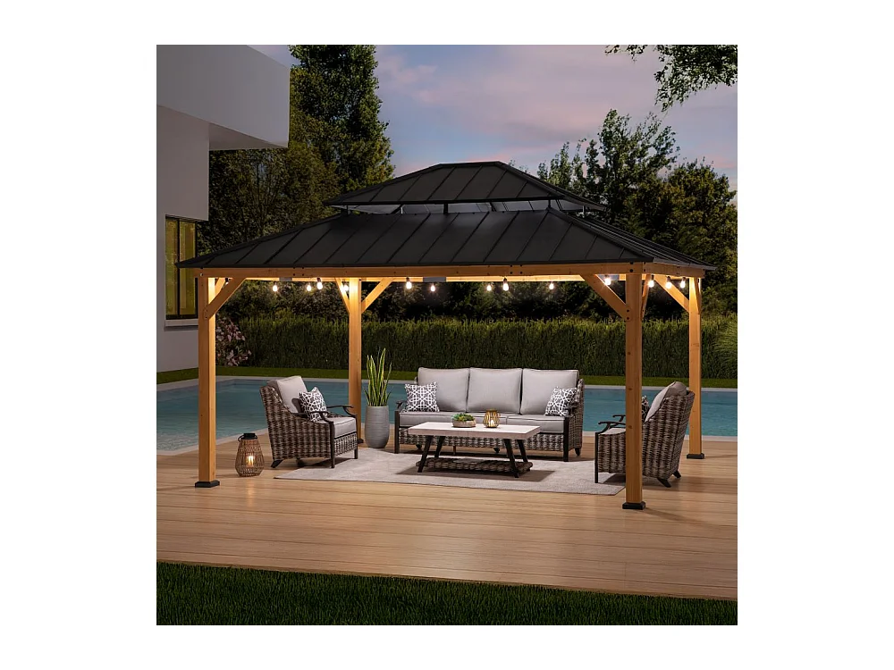 Tonnelle d'extérieur en bois avec toit métallique à 2 niveaux et crochet de plafond RIMO 390 cm x 450 cm