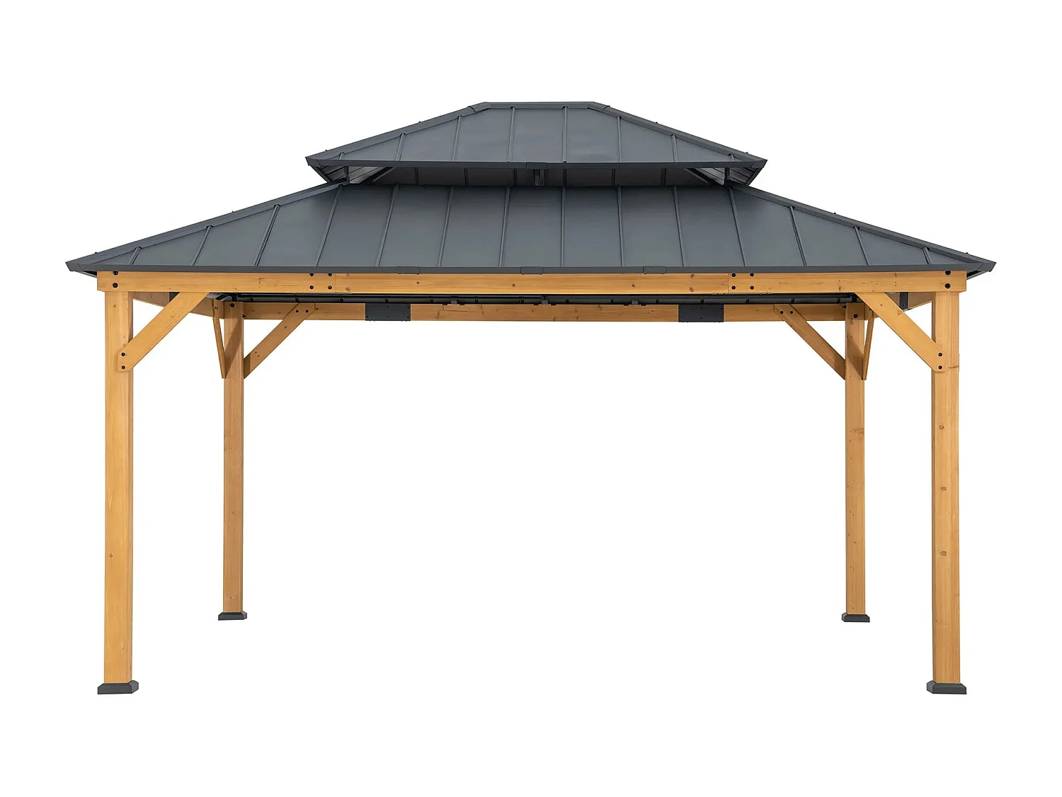 Tonnelle d'extérieur en bois avec toit métallique à 2 niveaux et crochet de plafond RIMO 390 cm x 450 cm