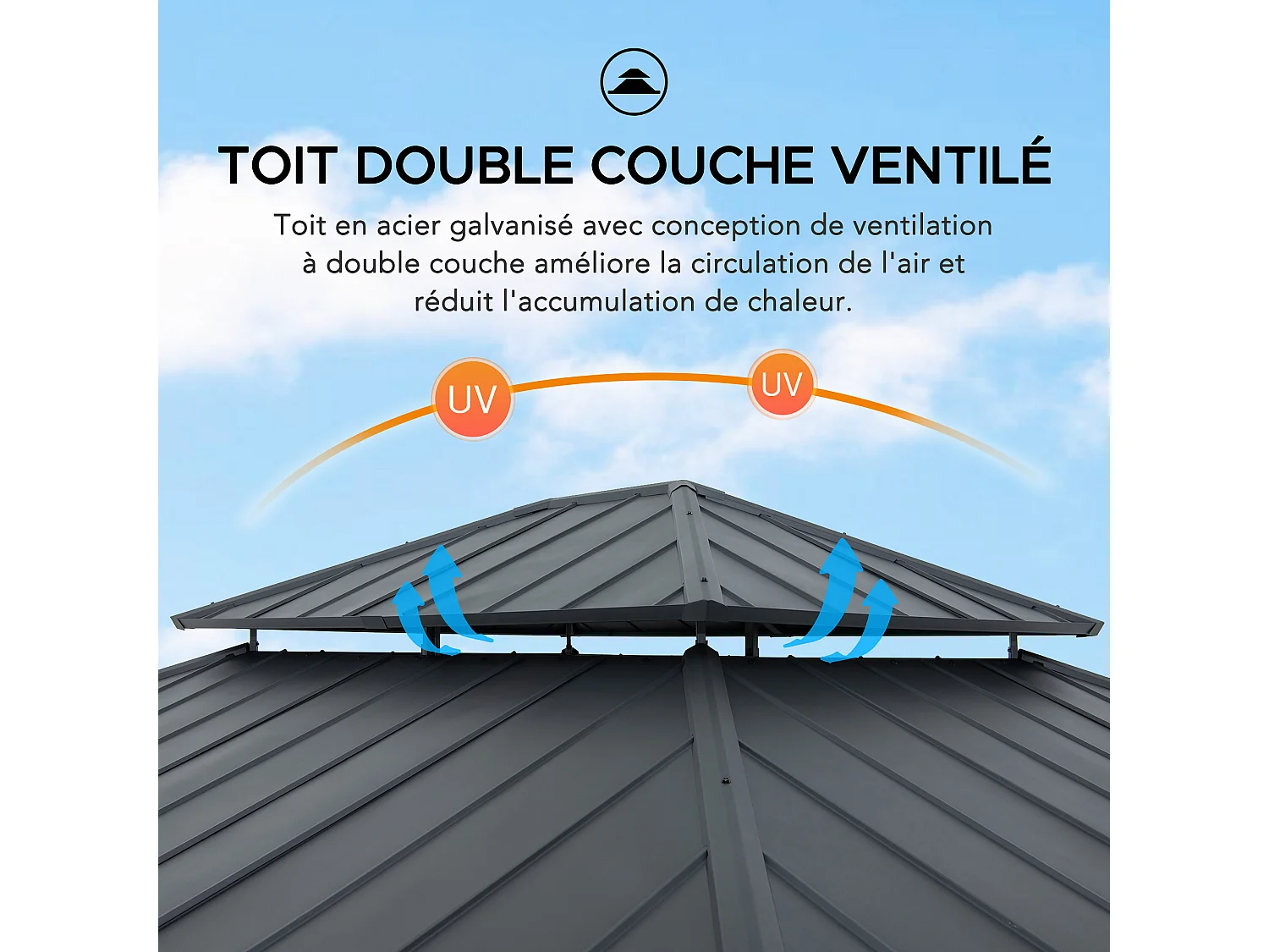 Tonnelle d'extérieur en bois avec toit métallique à 2 niveaux et crochet de plafond RIMO 390 cm x 450 cm