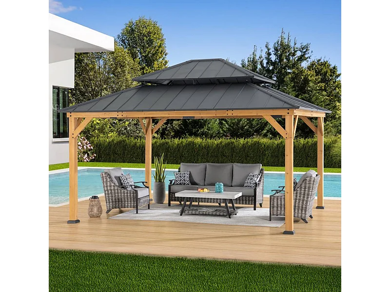 Tonnelle d'extérieur en bois avec toit métallique à 2 niveaux et crochet de plafond RIMO 390 cm x 450 cm