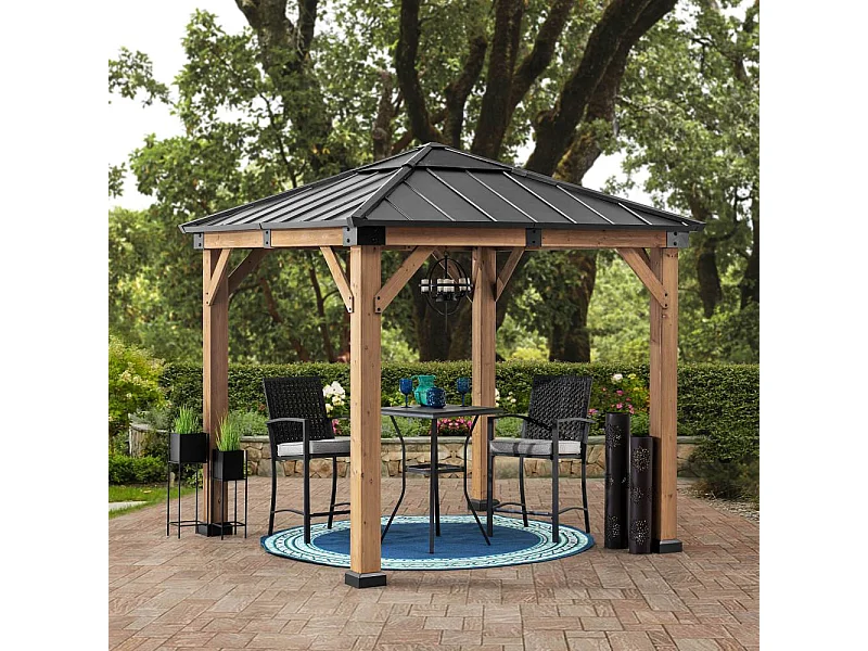 Pavillon en bois avec cadre en acier anthracite et lucarne en polycarbonate RAPI 277.5cm x 277.5cm