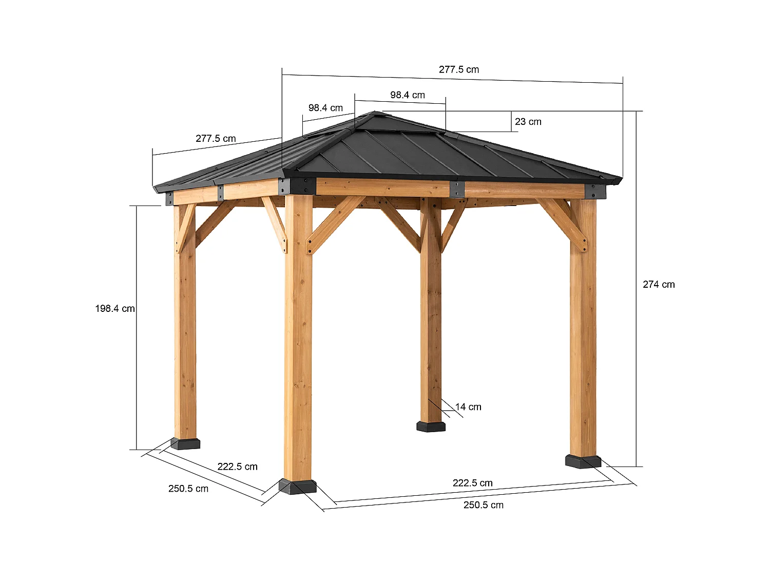 Pavillon en bois avec cadre en acier anthracite et lucarne en polycarbonate RAPI 273cm x 273cm