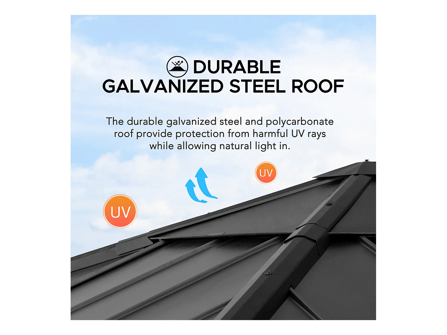 Pavillon en bois avec cadre en acier anthracite et lucarne en polycarbonate RAPI 273cm x 273cm