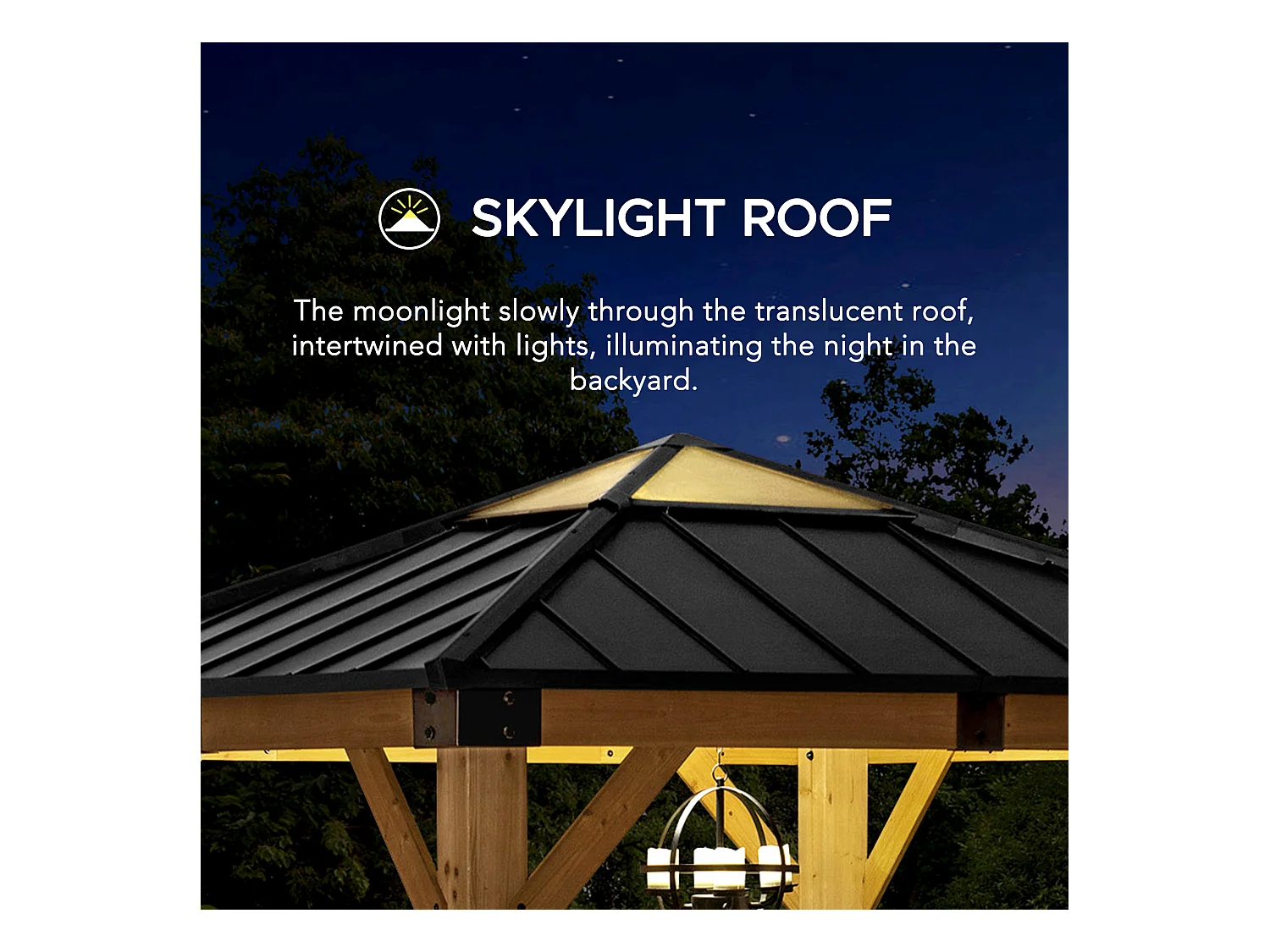 Pavillon en bois avec cadre en acier anthracite et lucarne en polycarbonate RAPI 273cm x 273cm