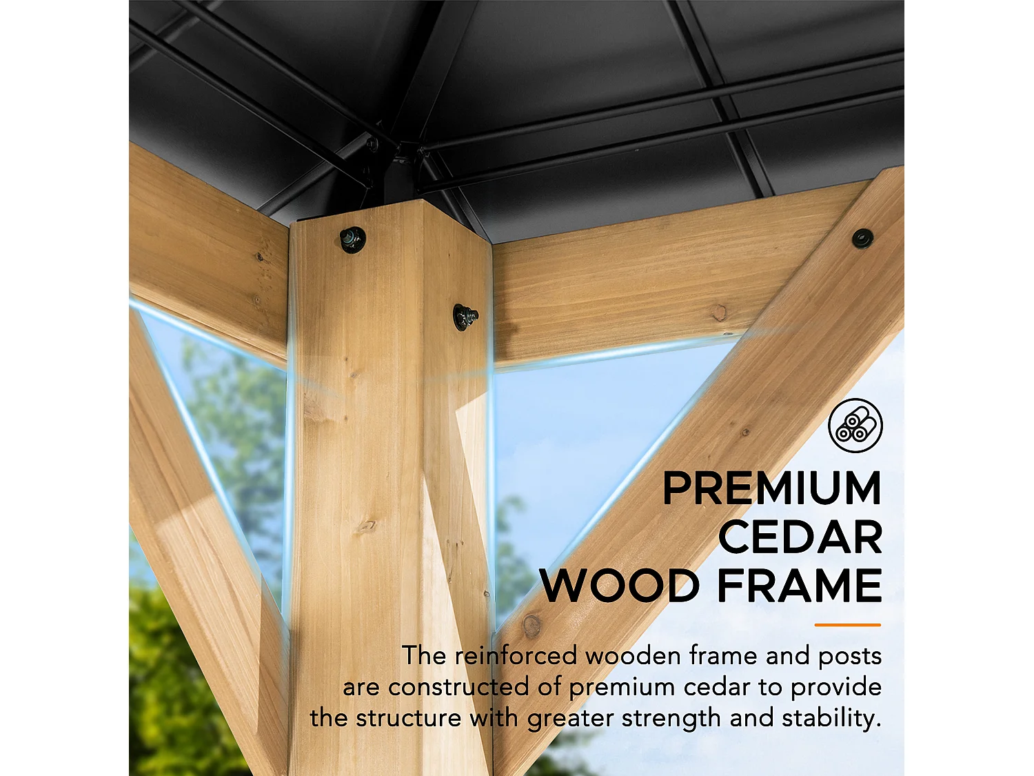 Pavillon en bois avec cadre en acier anthracite et lucarne en polycarbonate RAPI 277.5cm x 277.5cm