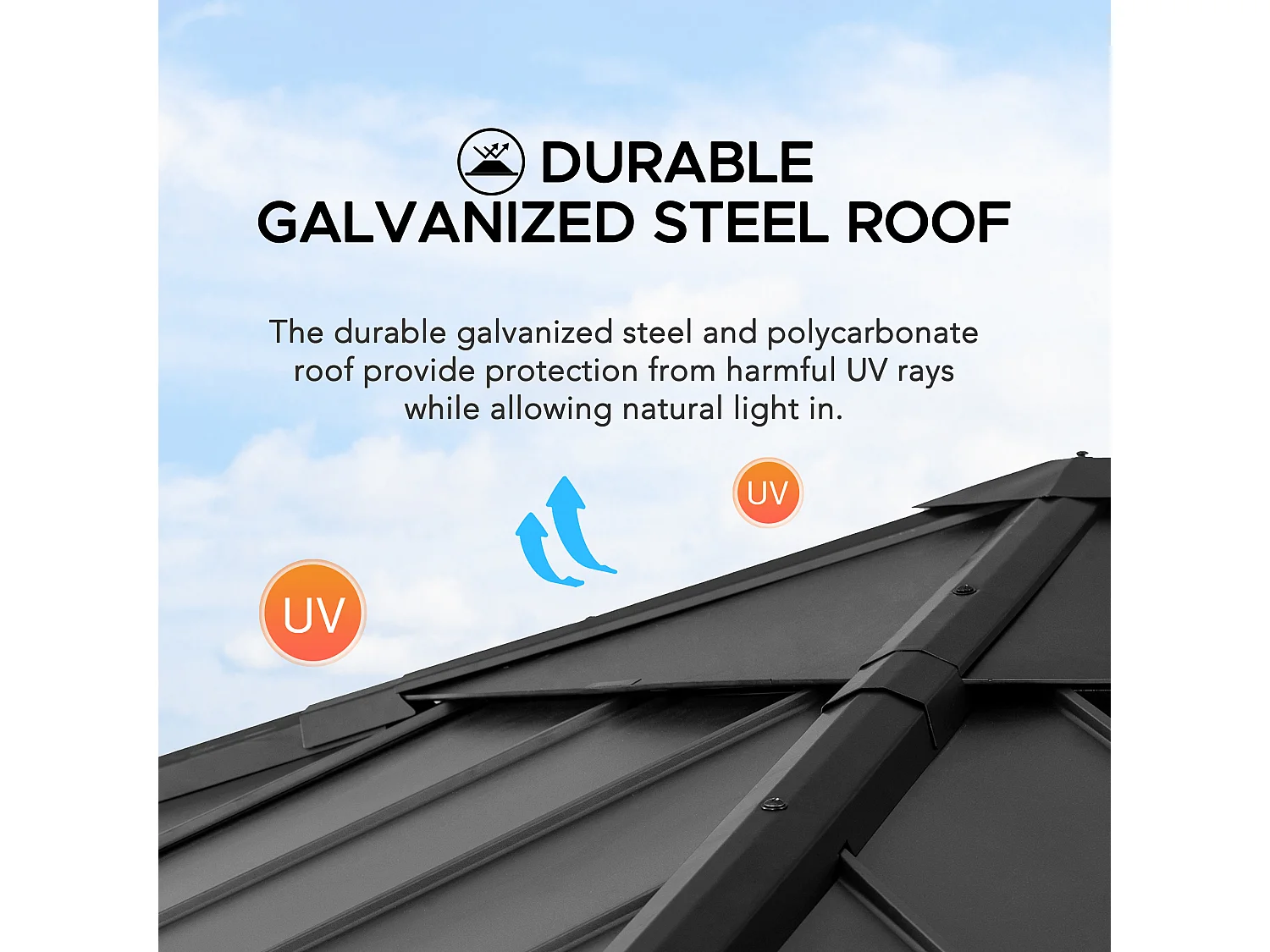 Pavillon en bois avec cadre en acier anthracite et lucarne en polycarbonate RAPI 277.5cm x 277.5cm