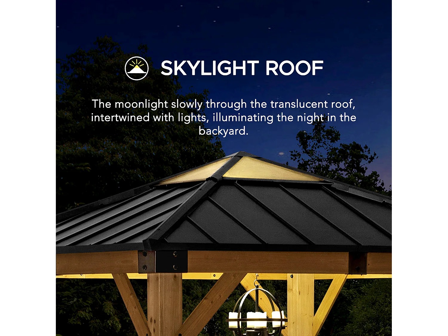 Pavillon en bois avec cadre en acier anthracite et lucarne en polycarbonate RAPI 277.5cm x 277.5cm