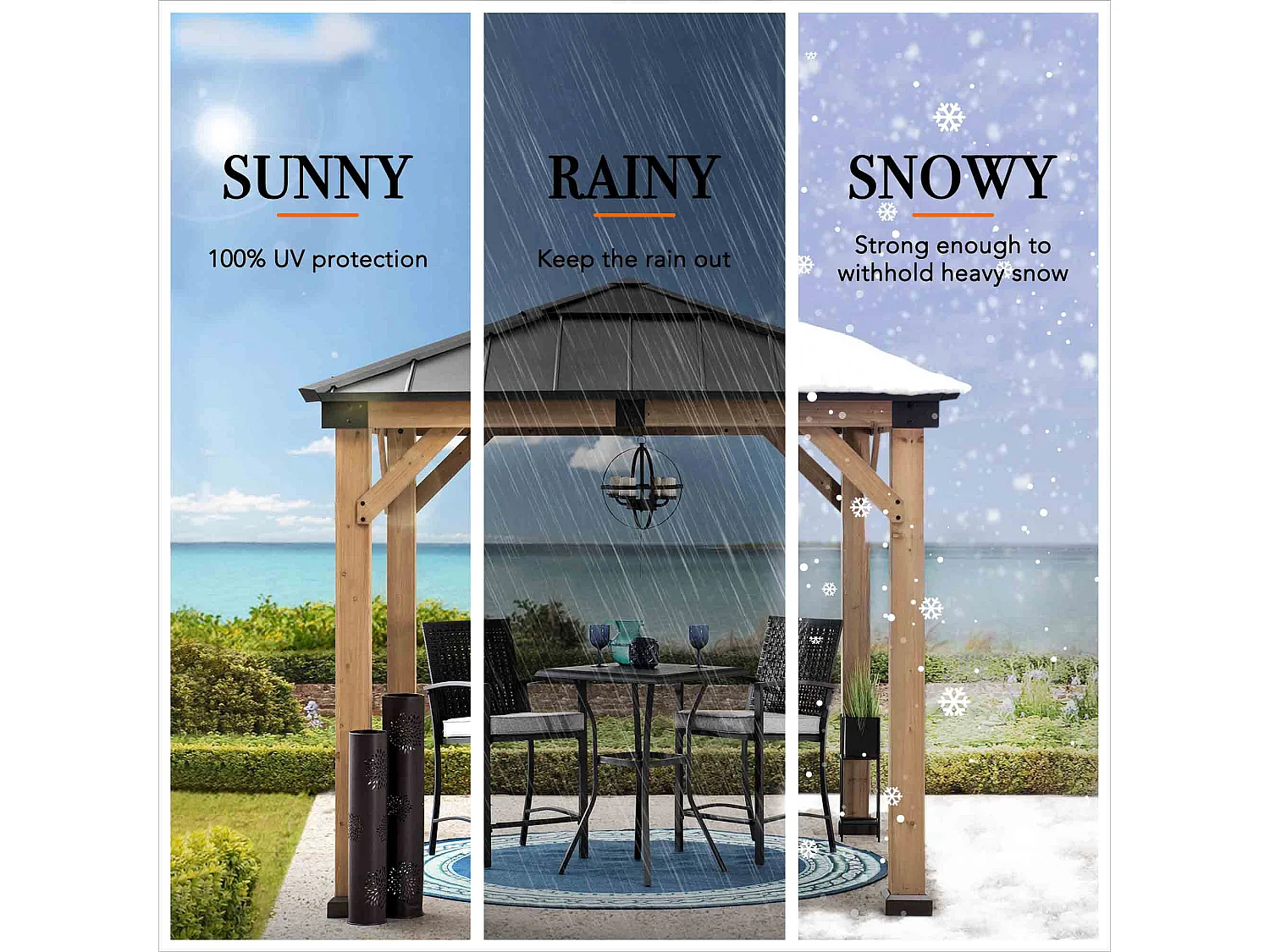 Pavillon en bois avec cadre en acier anthracite et lucarne en polycarbonate RAPI 277.5cm x 277.5cm