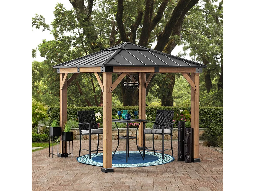 Pavillon en bois avec cadre en acier anthracite et lucarne en polycarbonate RAPI 277.5cm x 277.5cm