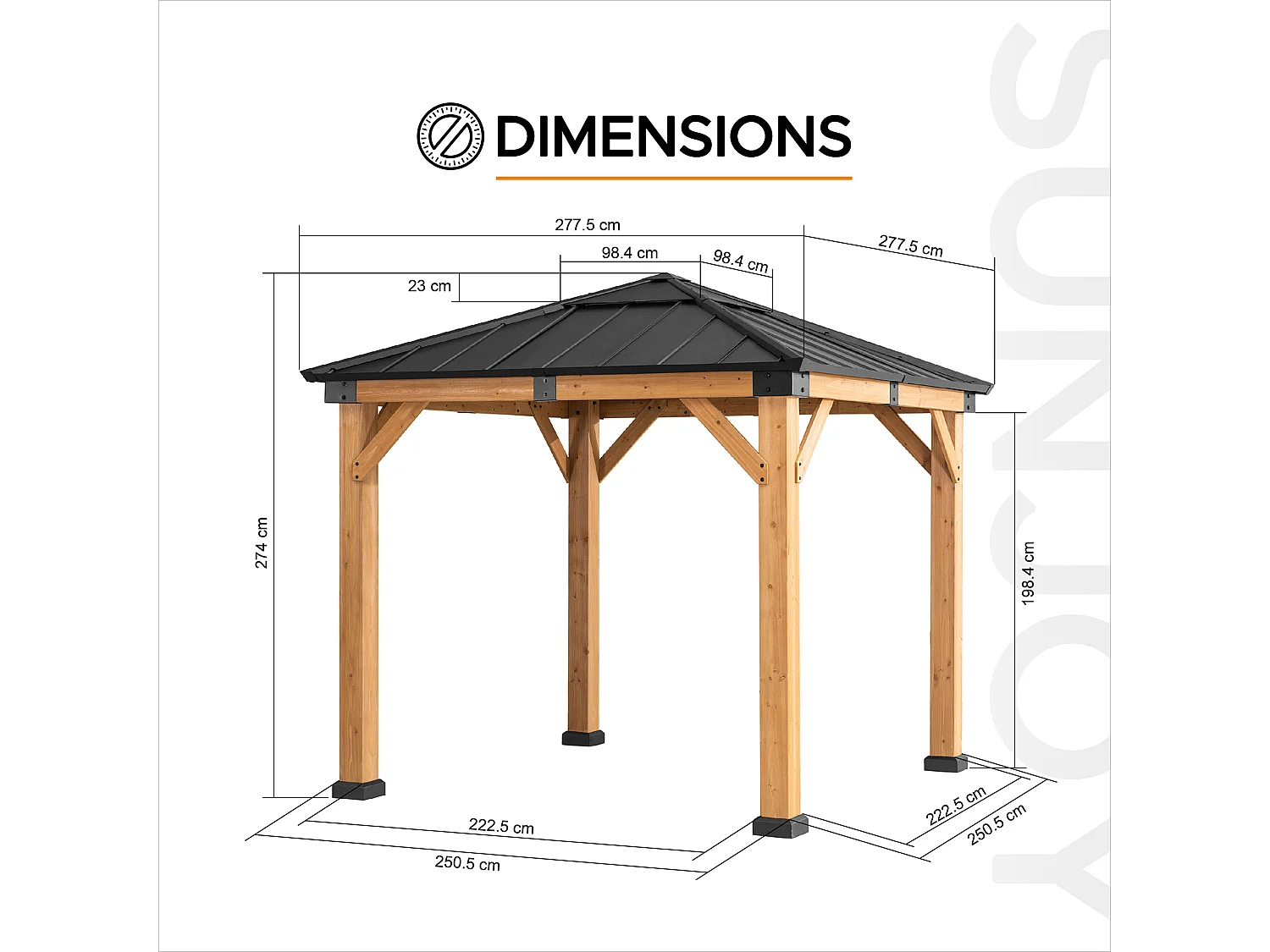 Pavillon en bois avec cadre en acier anthracite et lucarne en polycarbonate RAPI 277.5cm x 277.5cm