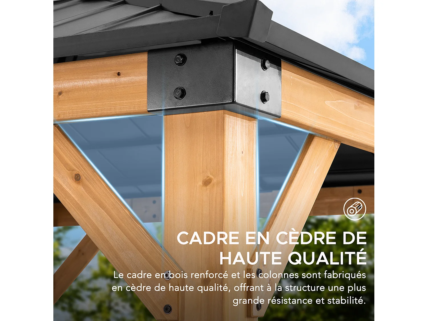 Pavillon en bois avec cadre en acier anthracite et lucarne en polycarbonate RAPI 277.5cm x 277.5cm