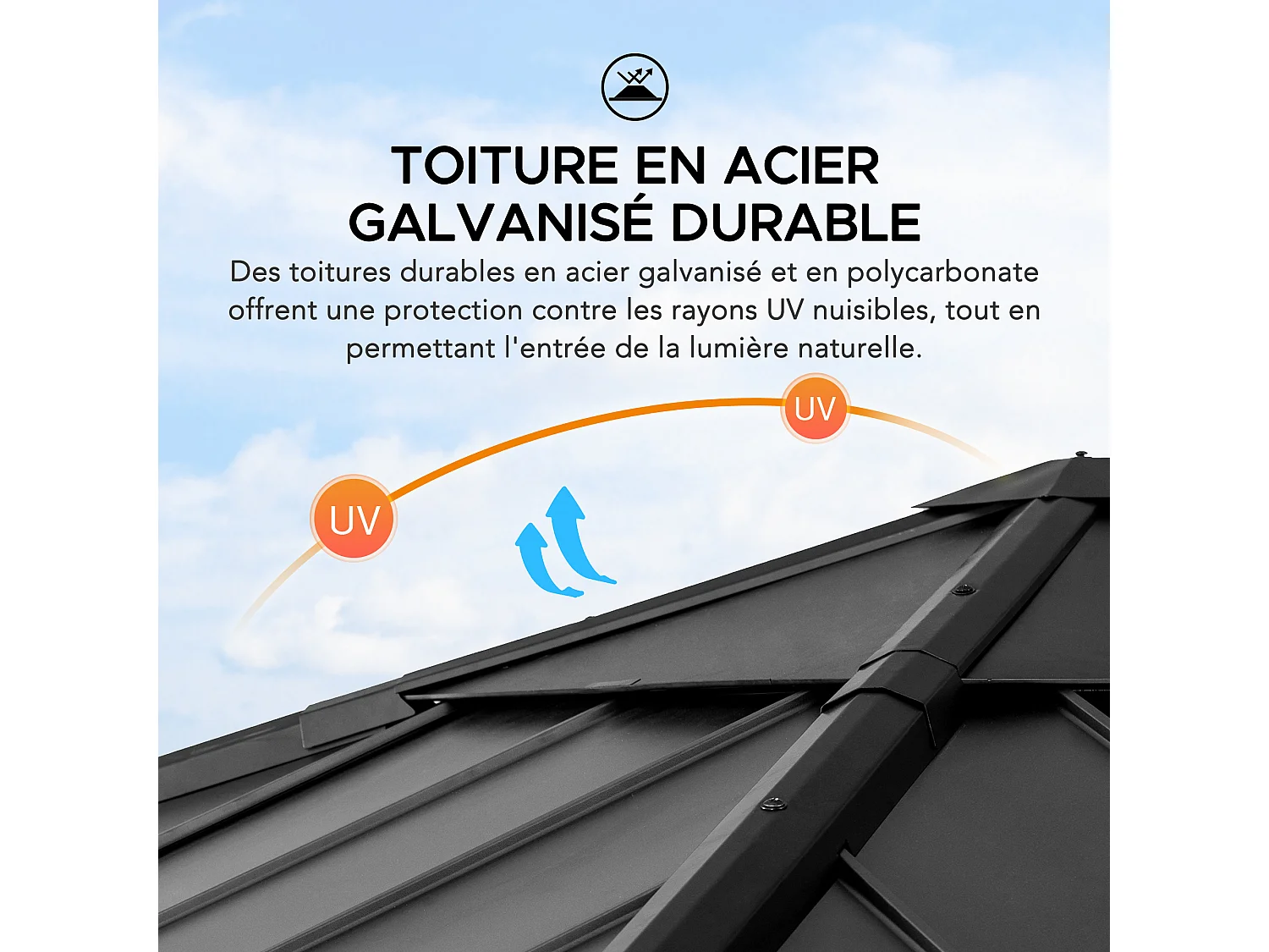 Pavillon en bois avec cadre en acier anthracite et lucarne en polycarbonate RAPI 277.5cm x 277.5cm
