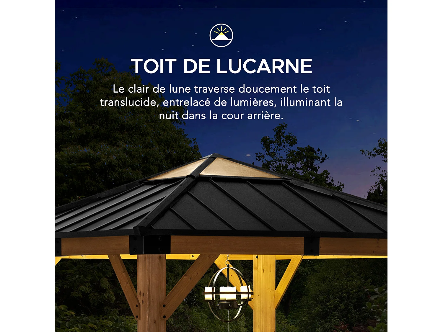 Pavillon en bois avec cadre en acier anthracite et lucarne en polycarbonate RAPI 277.5cm x 277.5cm