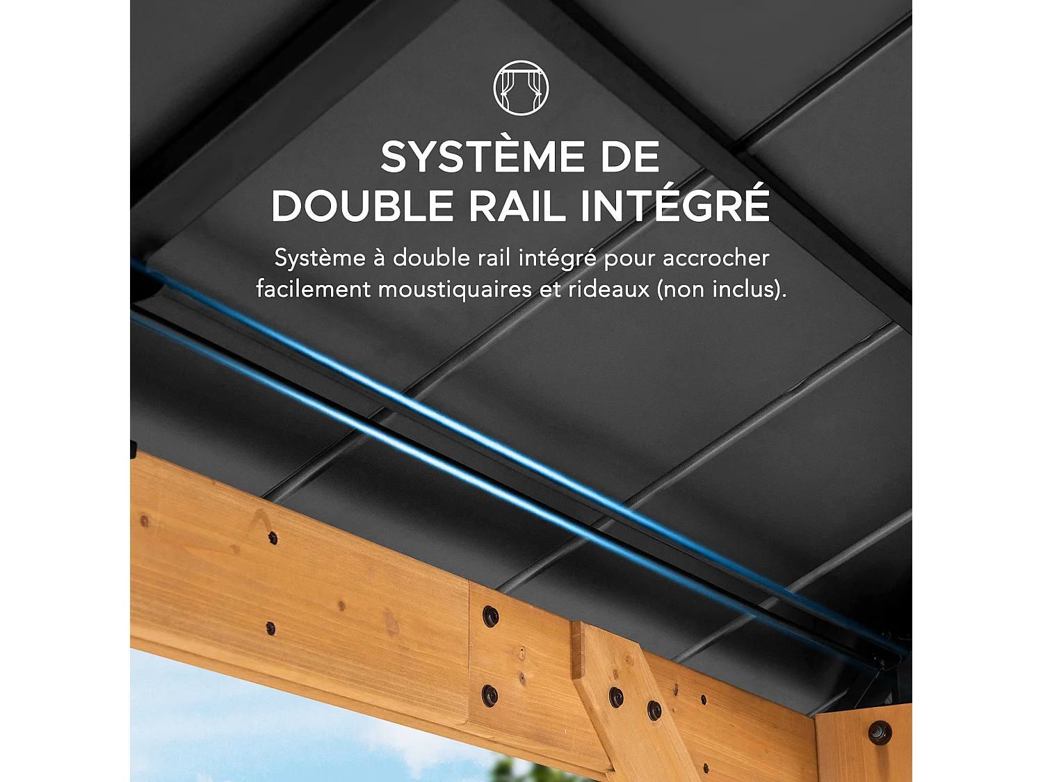 Pavillon en bois avec cadre en acier anthracite et lucarne en polycarbonate RAPI 277.5cm x 277.5cm