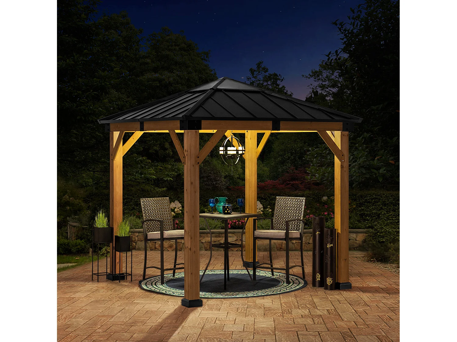 Pavillon en bois avec cadre en acier anthracite et lucarne en polycarbonate RAPI 277.5cm x 277.5cm