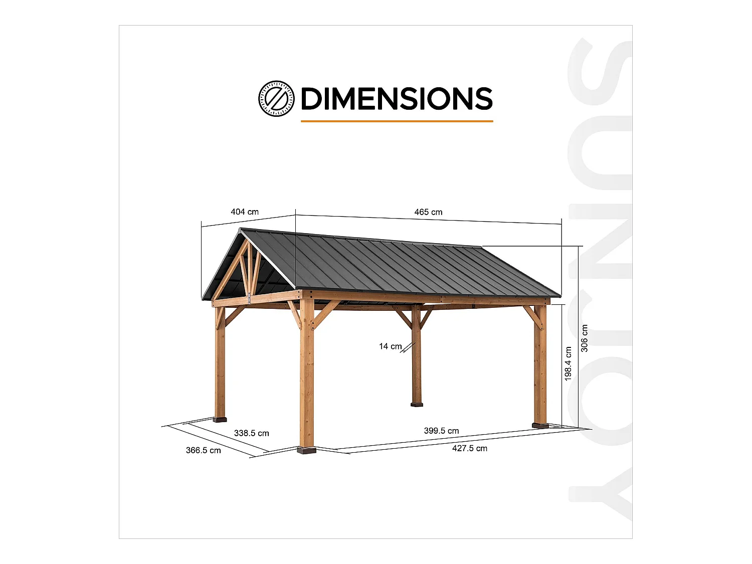 Pavillon Gazebo à pignon en bois avec crochet de plafond REBRA 465 cm x 404 cm