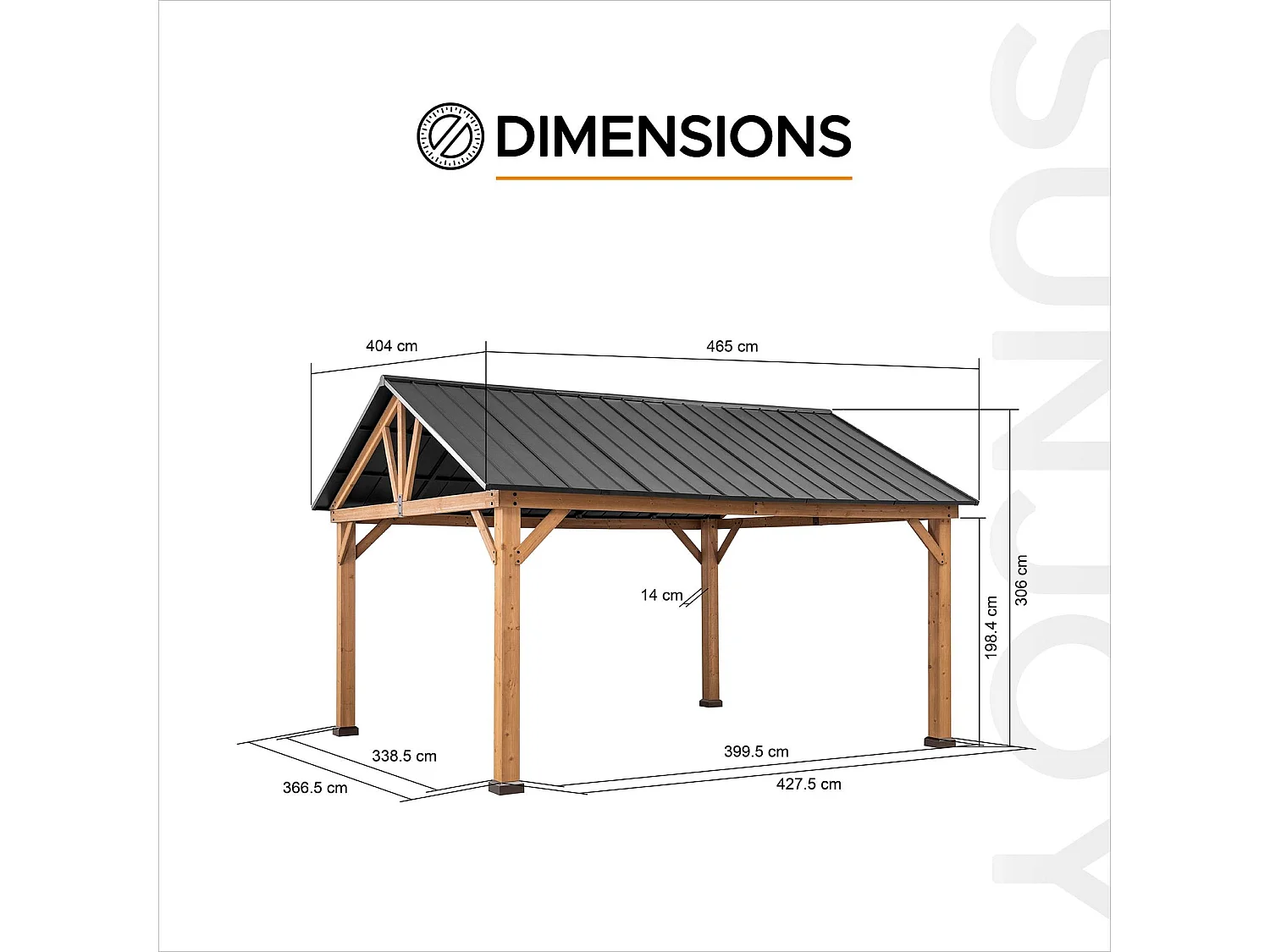 Pavillon Gazebo à pignon en bois avec crochet de plafond REBRA 465 cm x 404 cm
