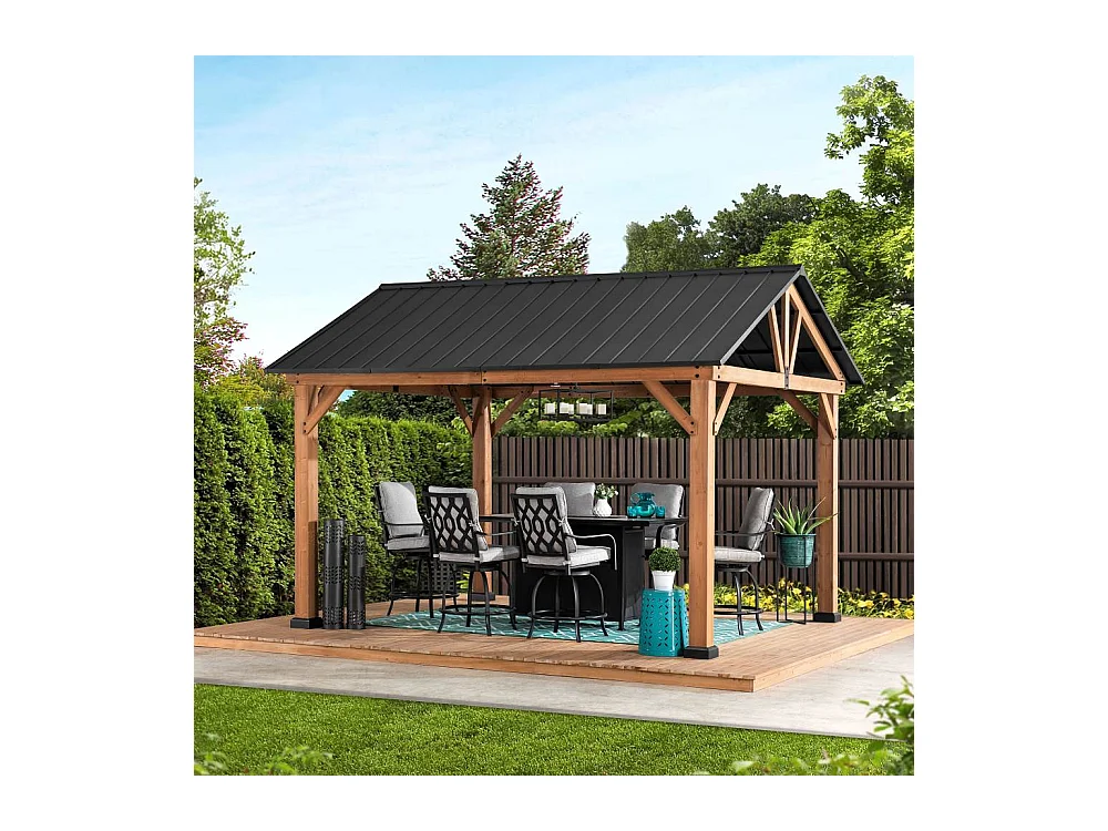 Tonnelle à toit à pignon avec cadre en bois et crochet de plafond TÖDI 335 cm x 399 cm