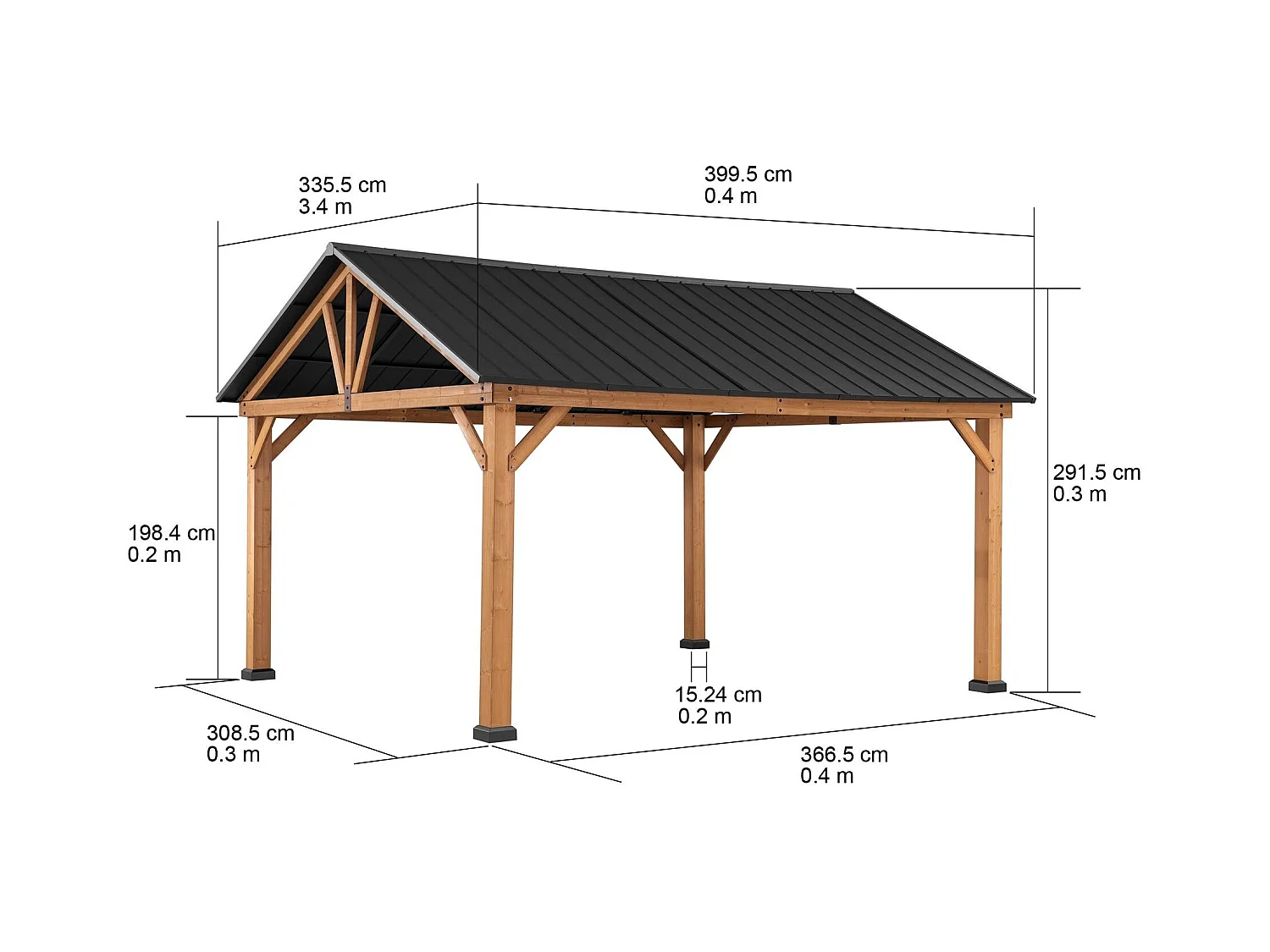 Tonnelle à toit à pignon avec cadre en bois et crochet de plafond TÖDI 335 cm x 399 cm
