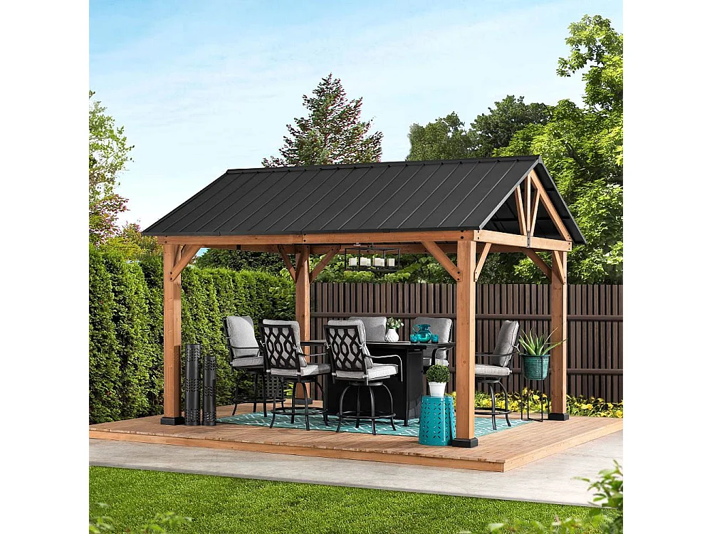 Tonnelle à toit à pignon avec cadre en bois et crochet de plafond TÖDI 335 cm x 399 cm