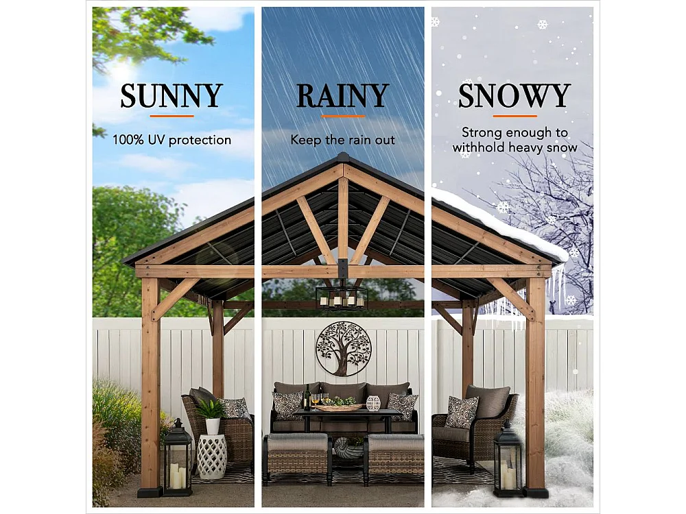 Tonnelle à toit à pignon avec cadre en bois et crochet de plafond TÖDI 335 cm x 399 cm