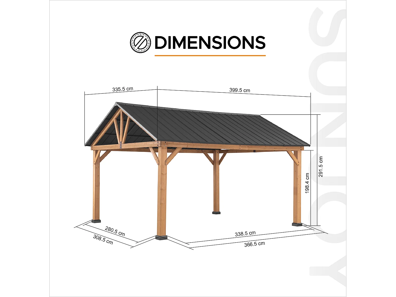 Tonnelle à toit à pignon avec cadre en bois et crochet de plafond TÖDI 335 cm x 399 cm