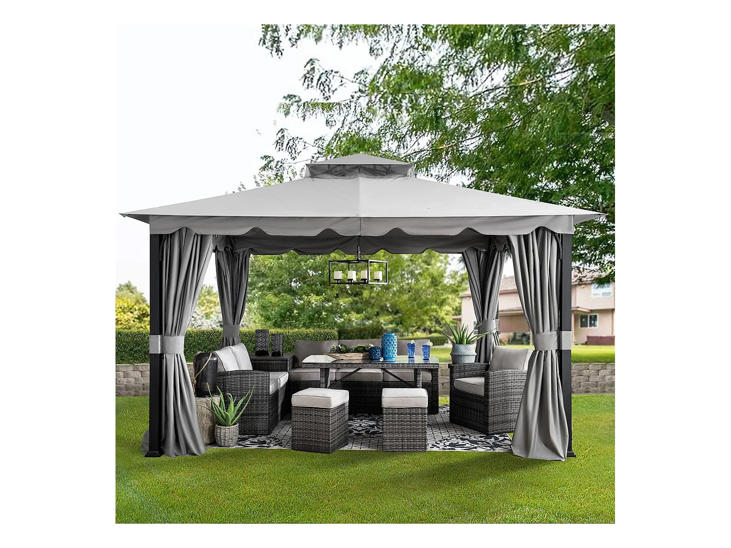 Tonnelle de jardin en acier STOJ 330cm x 396cm, toit à deux niveaux avec rideaux et moustiquaire, gris