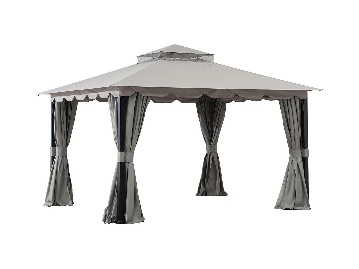 Tonnelle de jardin en acier STOJ 330cm x 396cm, toit à deux niveaux avec rideaux et moustiquaire, gris