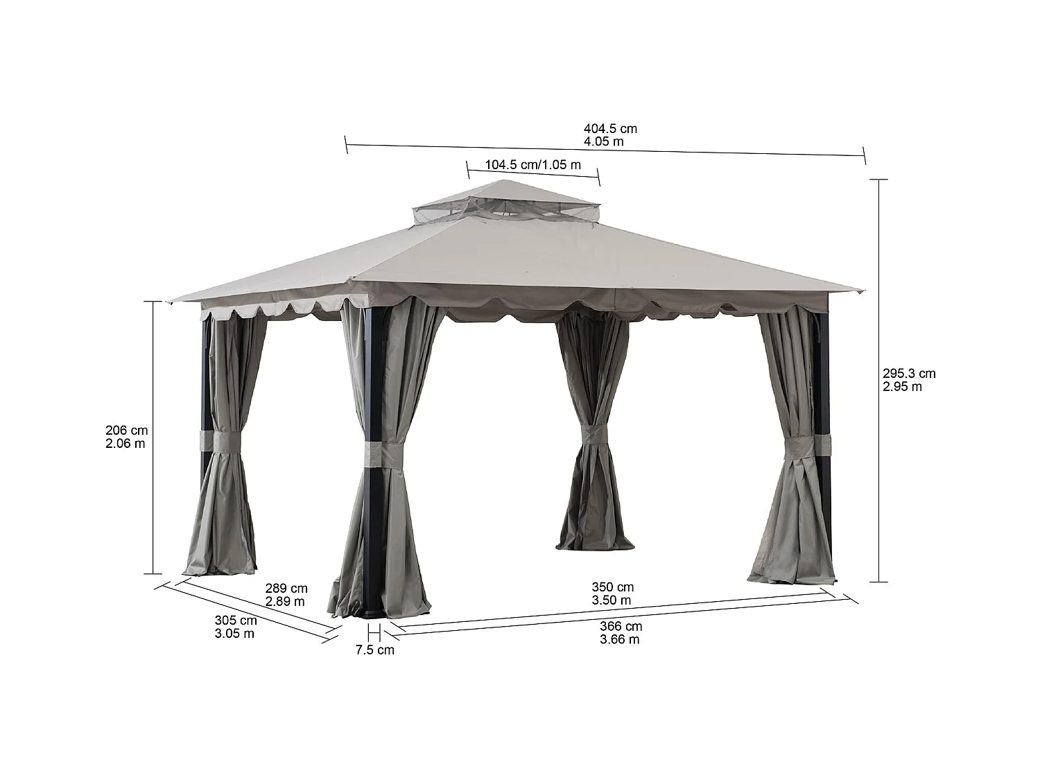 Tonnelle de jardin en acier STOJ 330cm x 396cm, toit à deux niveaux avec rideaux et moustiquaire, gris