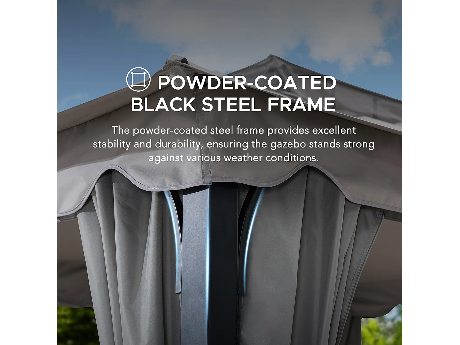 Tonnelle de jardin en acier STOJ 330cm x 396cm, toit à deux niveaux avec rideaux et moustiquaire, gris