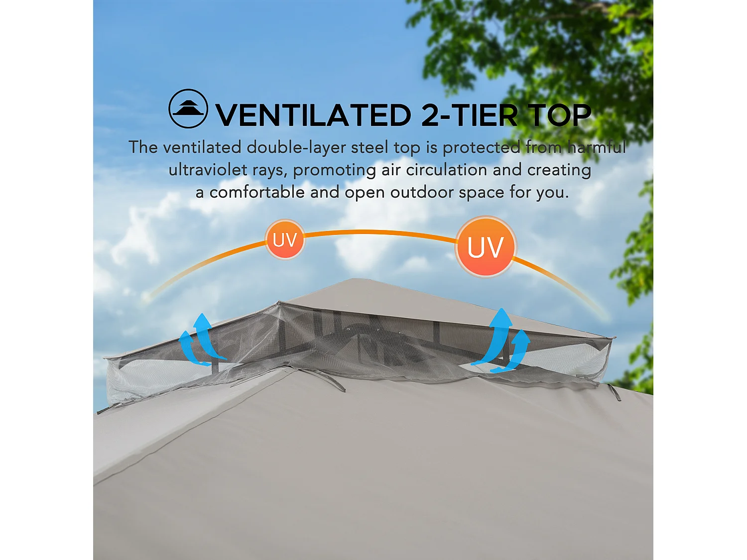 Tonnelle de jardin en acier STOJ 330cm x 396cm, toit à deux niveaux avec rideaux et moustiquaire, gris