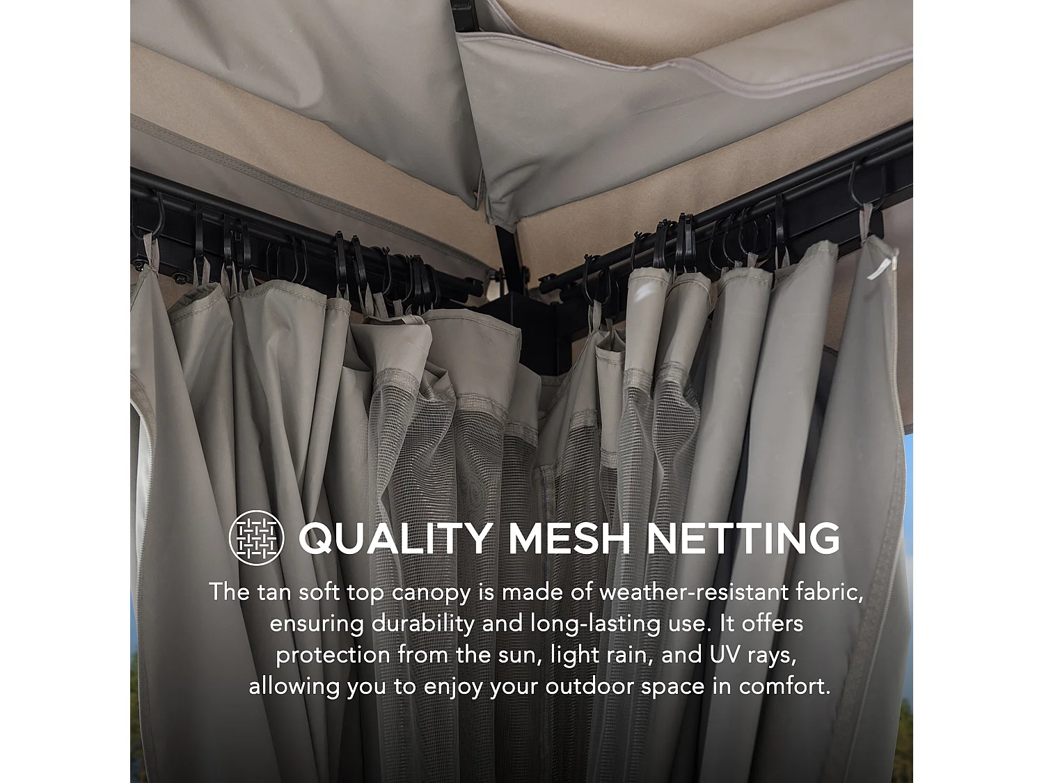 Tonnelle de jardin en acier STOJ 330cm x 396cm, toit à deux niveaux avec rideaux et moustiquaire, gris