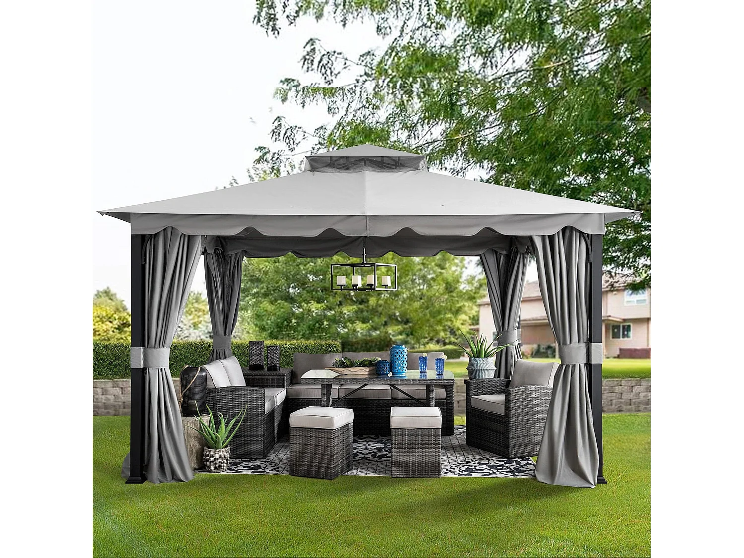 Tonnelle de jardin en acier STOJ 330cm x 396cm, toit à deux niveaux avec rideaux et moustiquaire, gris