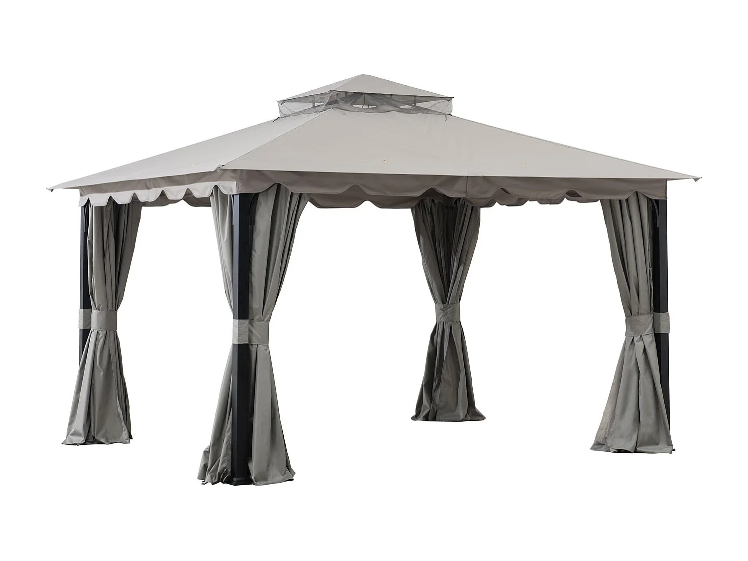 Tonnelle de jardin en acier STOJ 330cm x 396cm, toit à deux niveaux avec rideaux et moustiquaire, gris