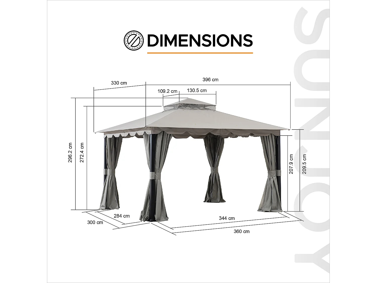 Tonnelle de jardin en acier STOJ 330cm x 396cm, toit à deux niveaux avec rideaux et moustiquaire, gris