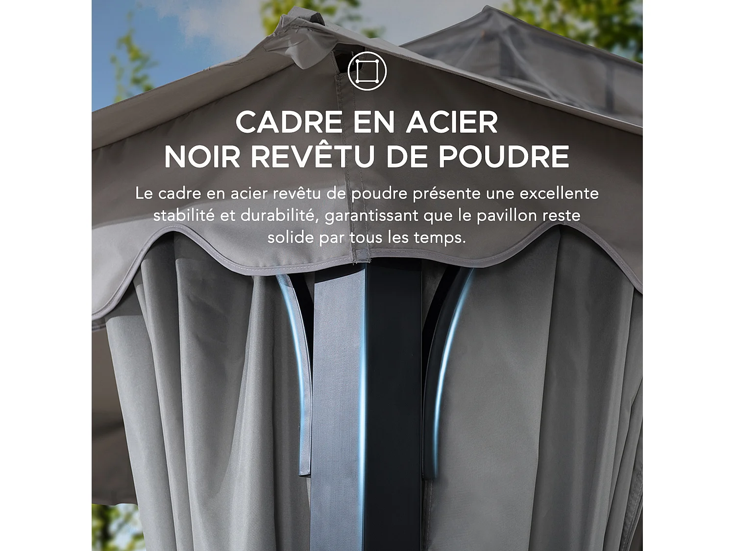 Tonnelle de jardin en acier STOJ 330cm x 396cm, toit à deux niveaux avec rideaux et moustiquaire, gris