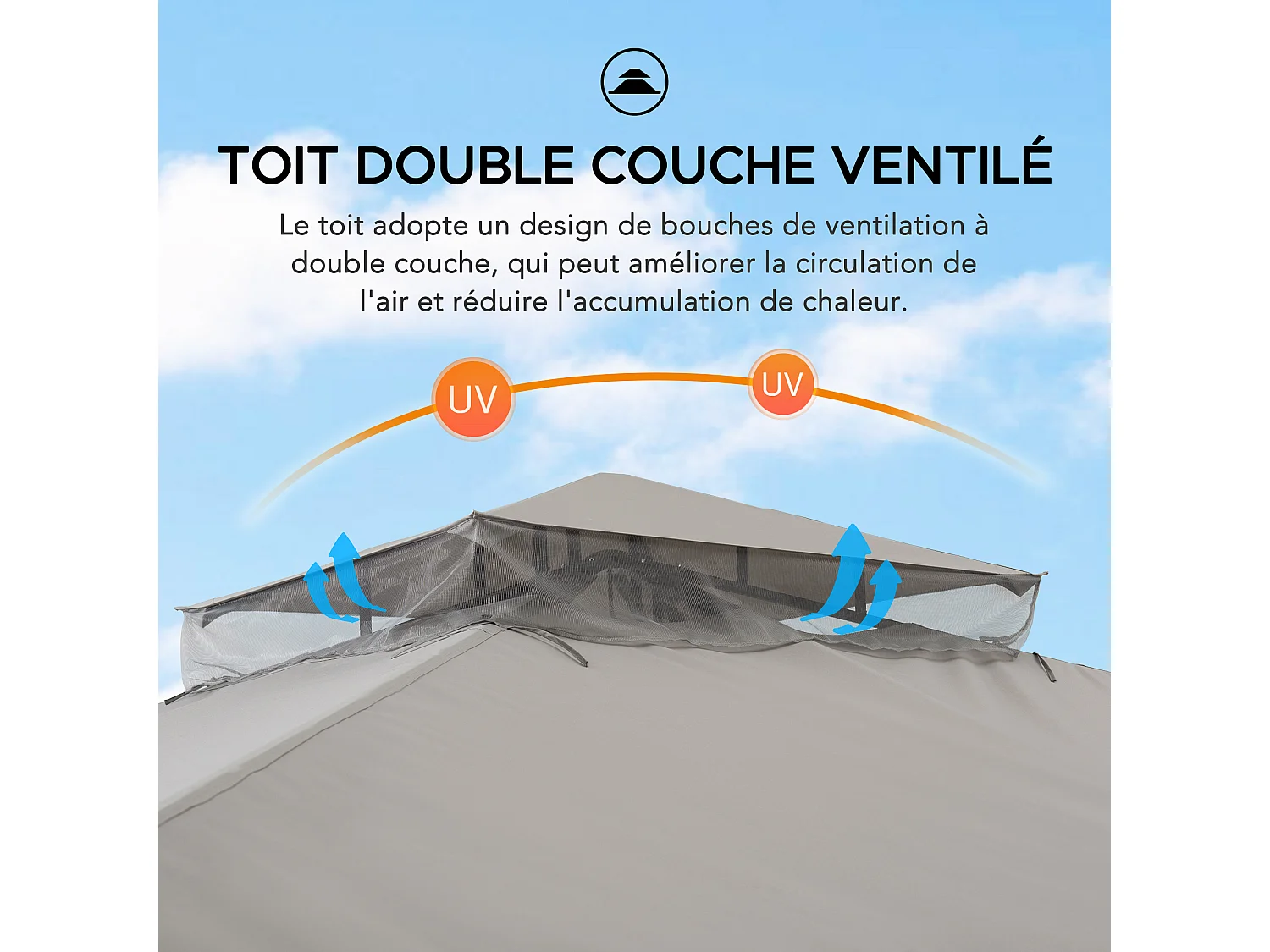 Tonnelle de jardin en acier STOJ 330cm x 396cm, toit à deux niveaux avec rideaux et moustiquaire, gris