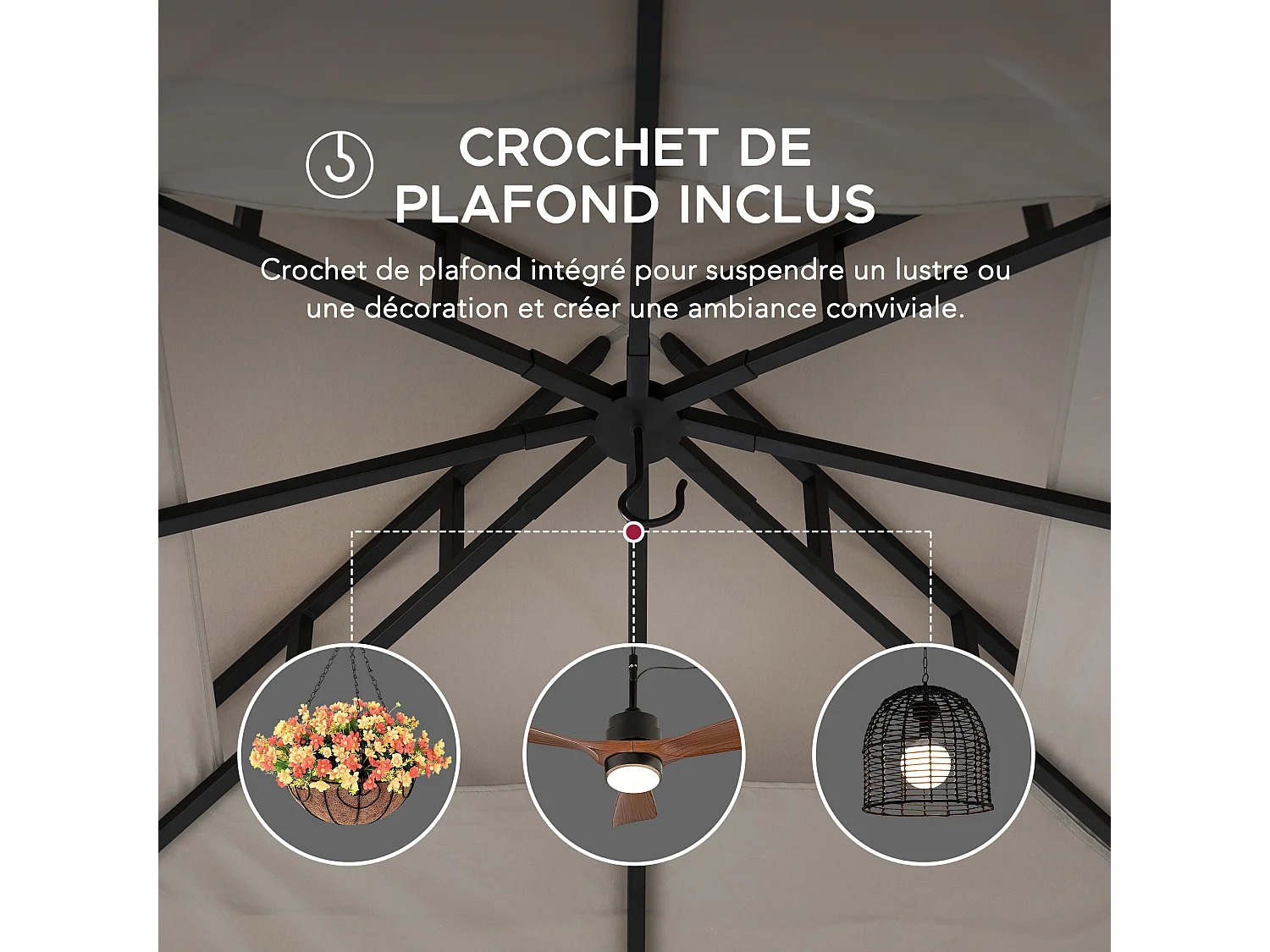 Tonnelle de jardin en acier STOJ 330cm x 396cm, toit à deux niveaux avec rideaux et moustiquaire, gris