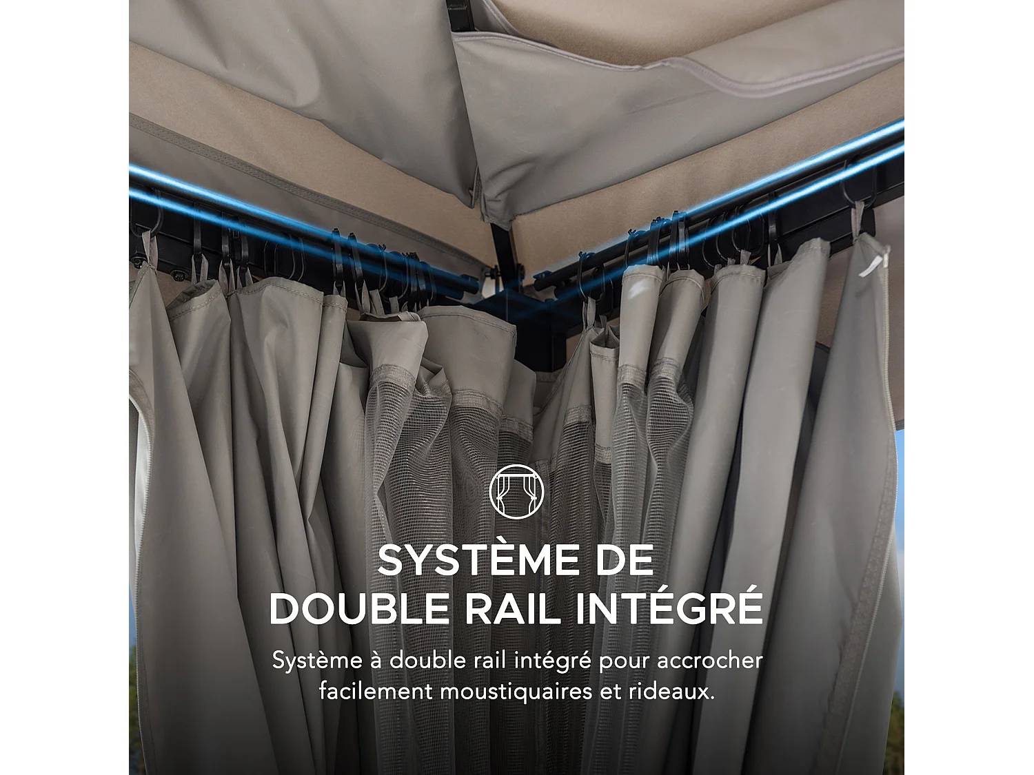 Tonnelle de jardin en acier STOJ 330cm x 396cm, toit à deux niveaux avec rideaux et moustiquaire, gris