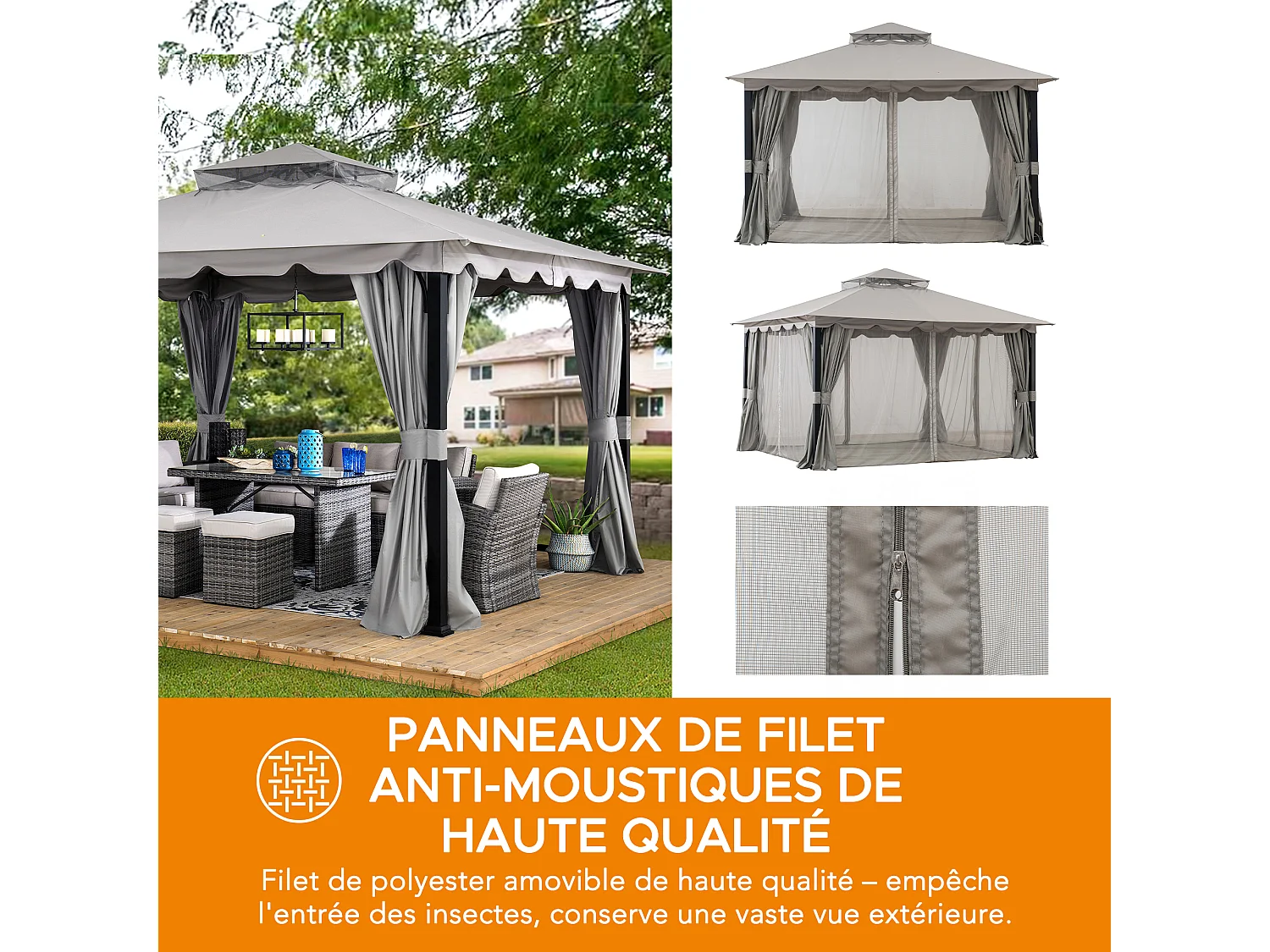 Tonnelle de jardin en acier STOJ 330cm x 396cm, toit à deux niveaux avec rideaux et moustiquaire, gris