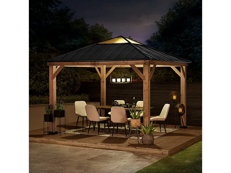 Pavillon en bois avec cadre en acier anthracite et lucarne en polycarbonate PIRIN 336cm x 336cm