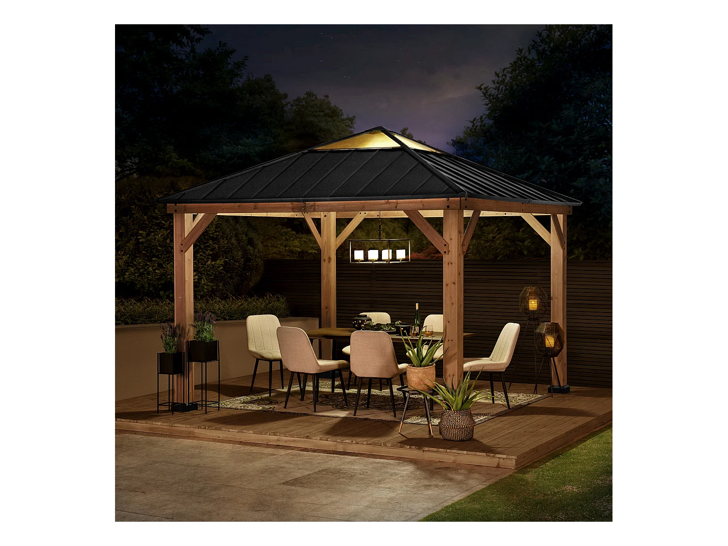 Pavillon en bois avec cadre en acier anthracite et lucarne en polycarbonate PIRIN 336cm x 336cm