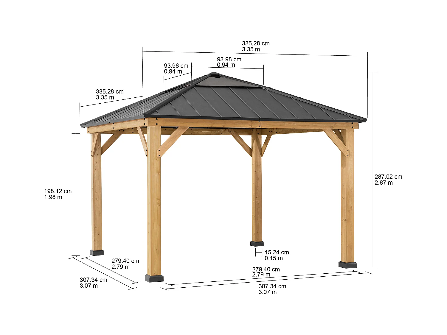 Pavillon en bois avec cadre en acier anthracite et lucarne en polycarbonate PIRIN 336cm x 336cm