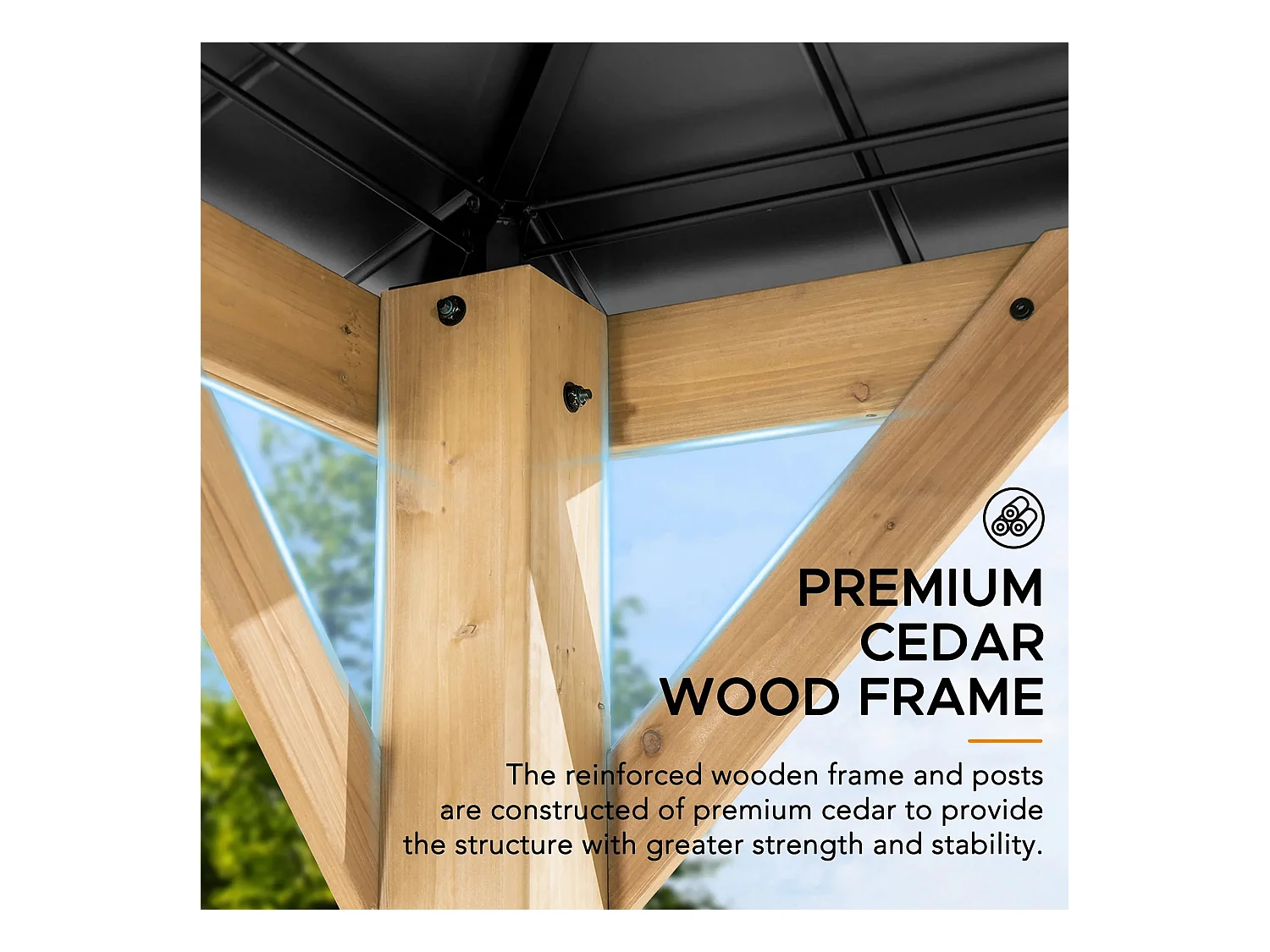 Pavillon en bois avec cadre en acier anthracite et lucarne en polycarbonate PIRIN 336cm x 336cm