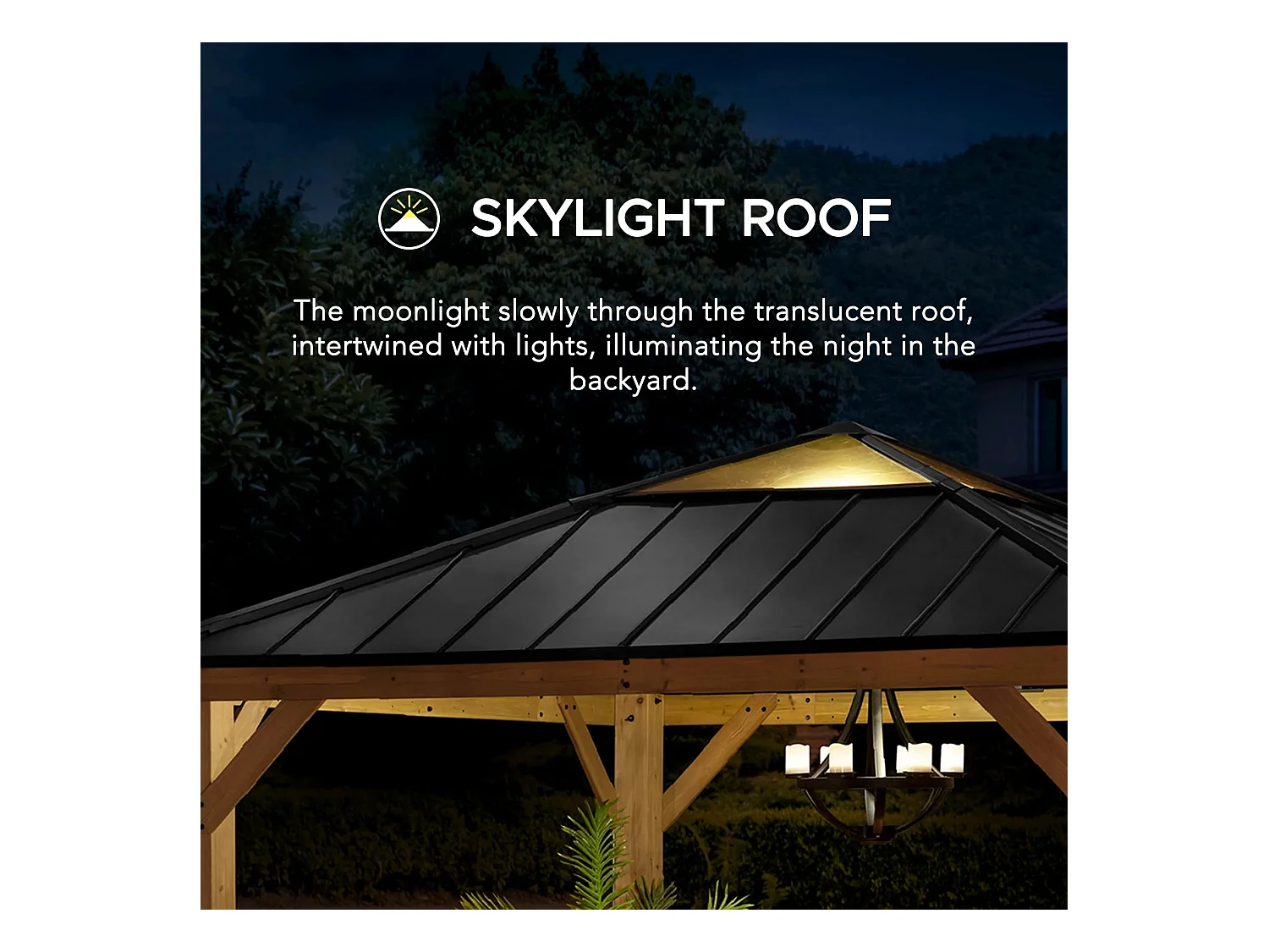 Pavillon en bois avec cadre en acier anthracite et lucarne en polycarbonate PIRIN 336cm x 336cm