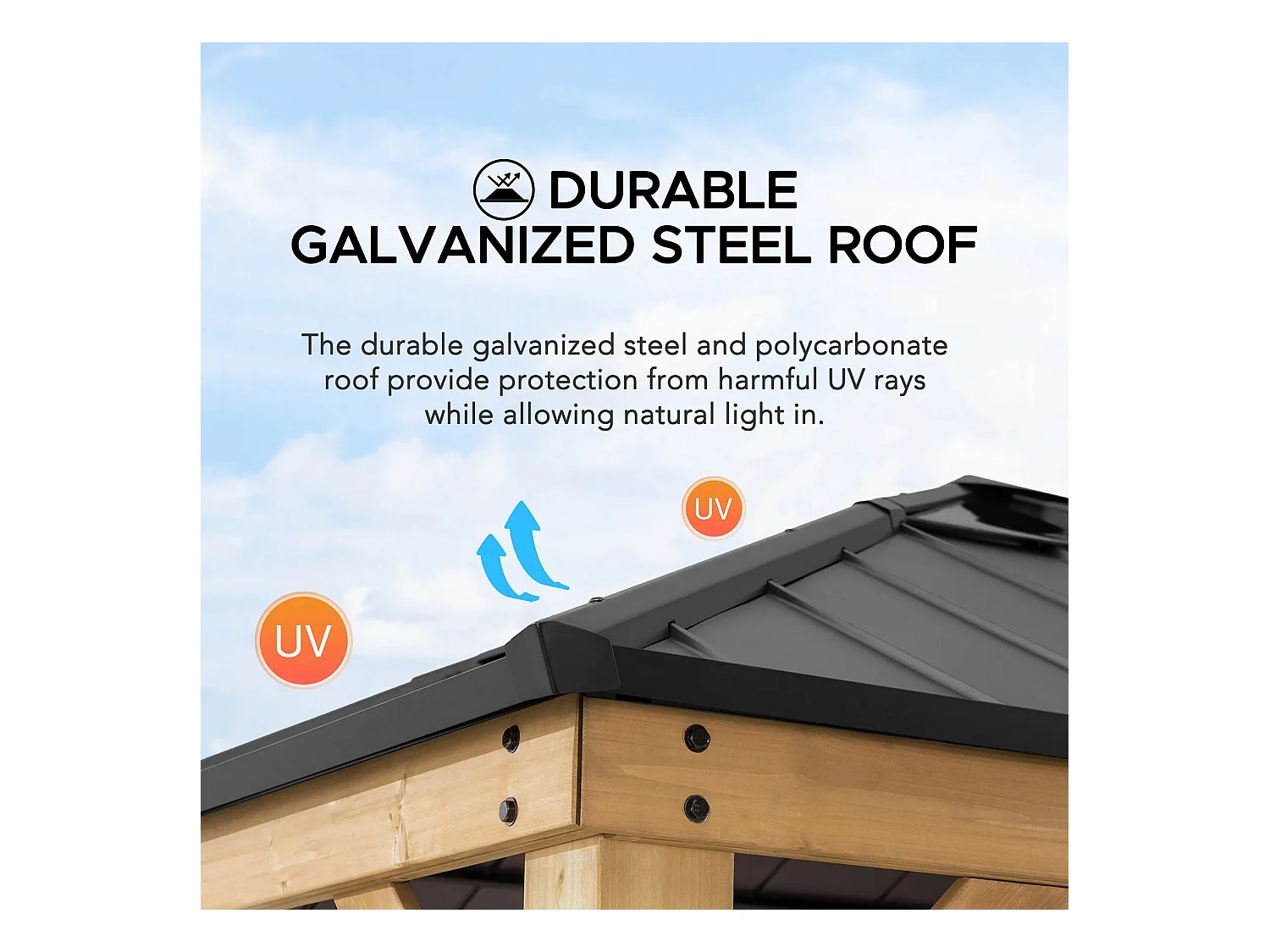 Pavillon en bois avec cadre en acier anthracite et lucarne en polycarbonate PIRIN 336cm x 336cm